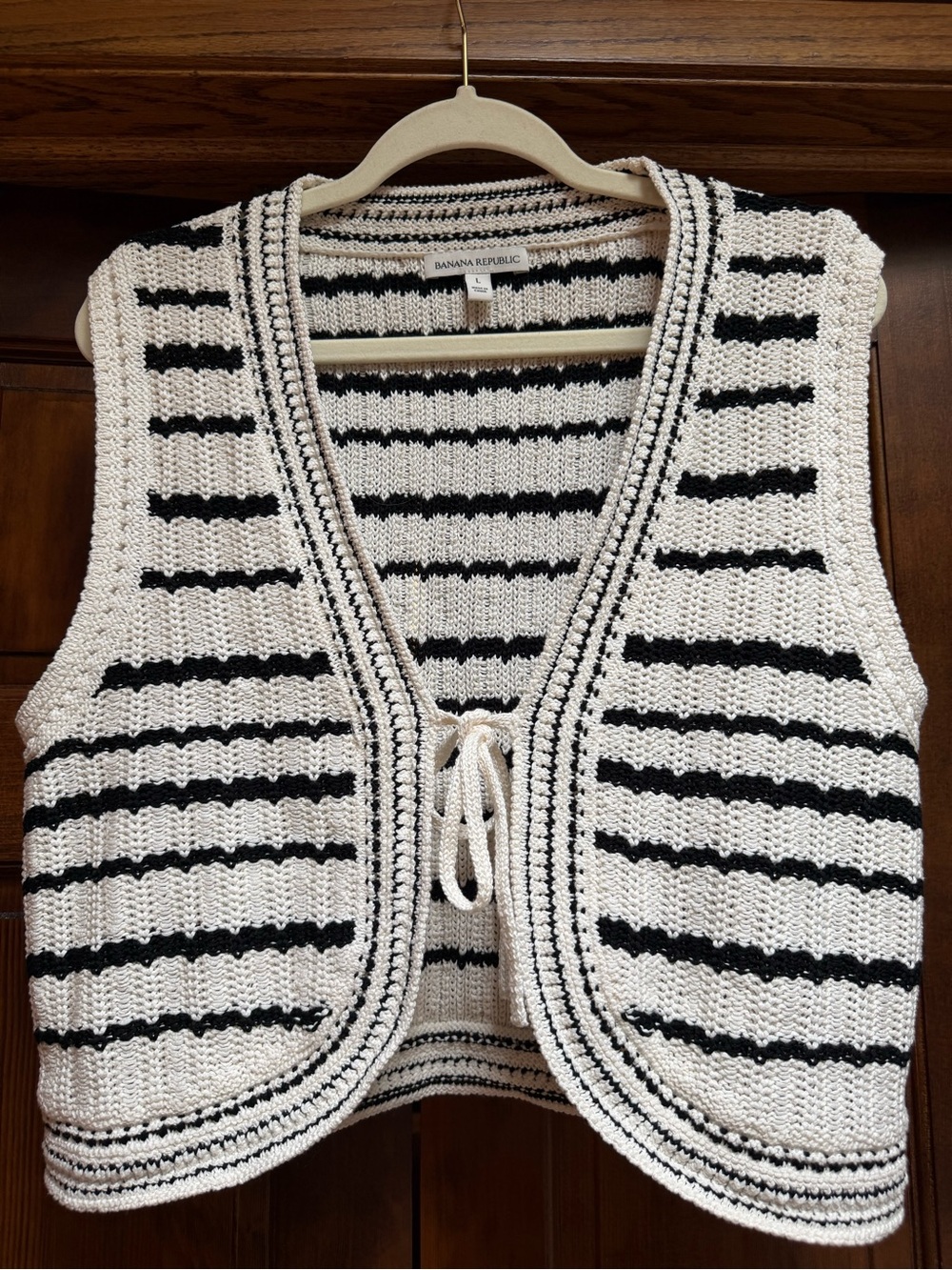 Banana Republic Black and White Striped Crochet Tie-Front Vest